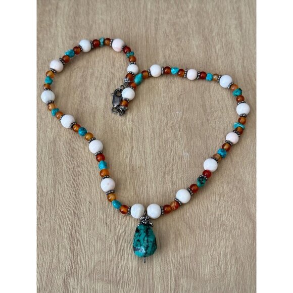Vintage Long Beaded Necklace With Turquoise Pendant & Tiger Eye Beads - Picture 8 of 11